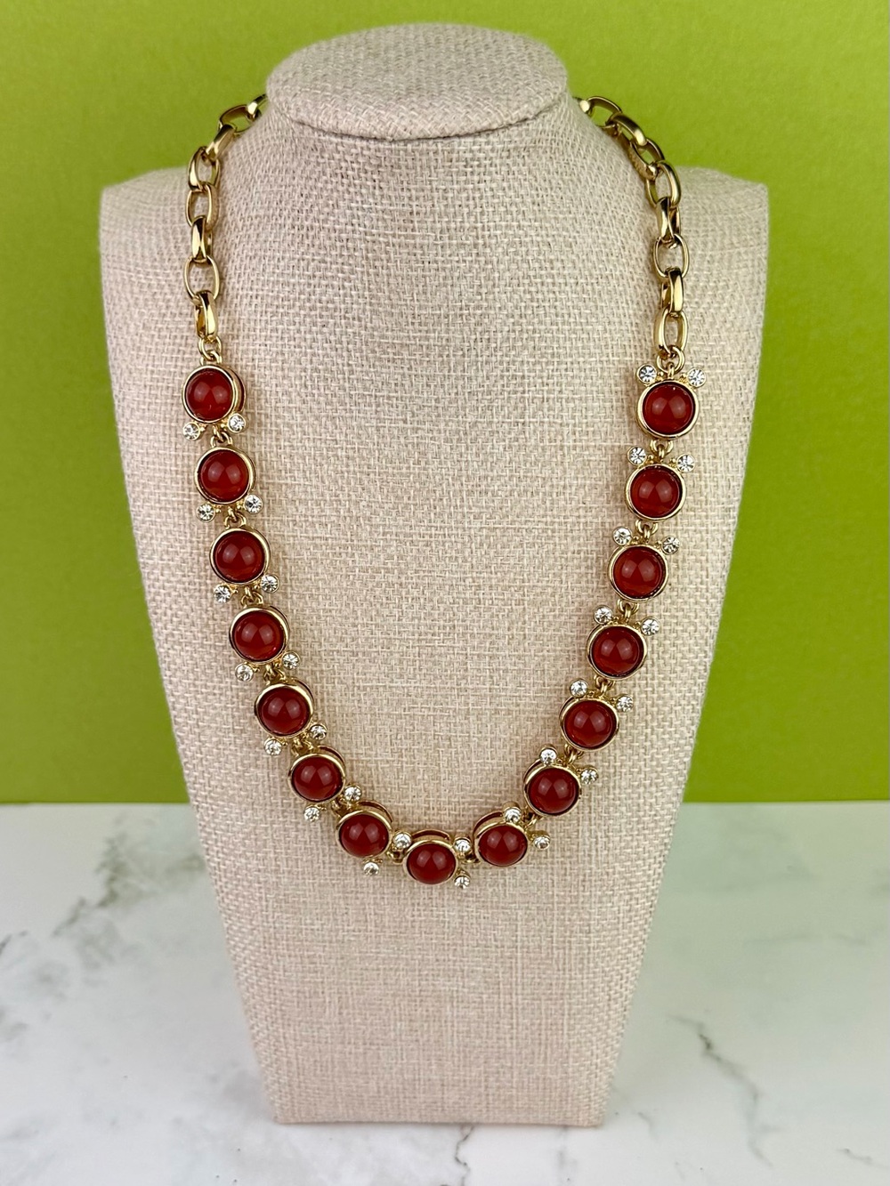 Vintage Lee by Lee Angel Coral Red Cabochon & Rhinestone Collar Necklace